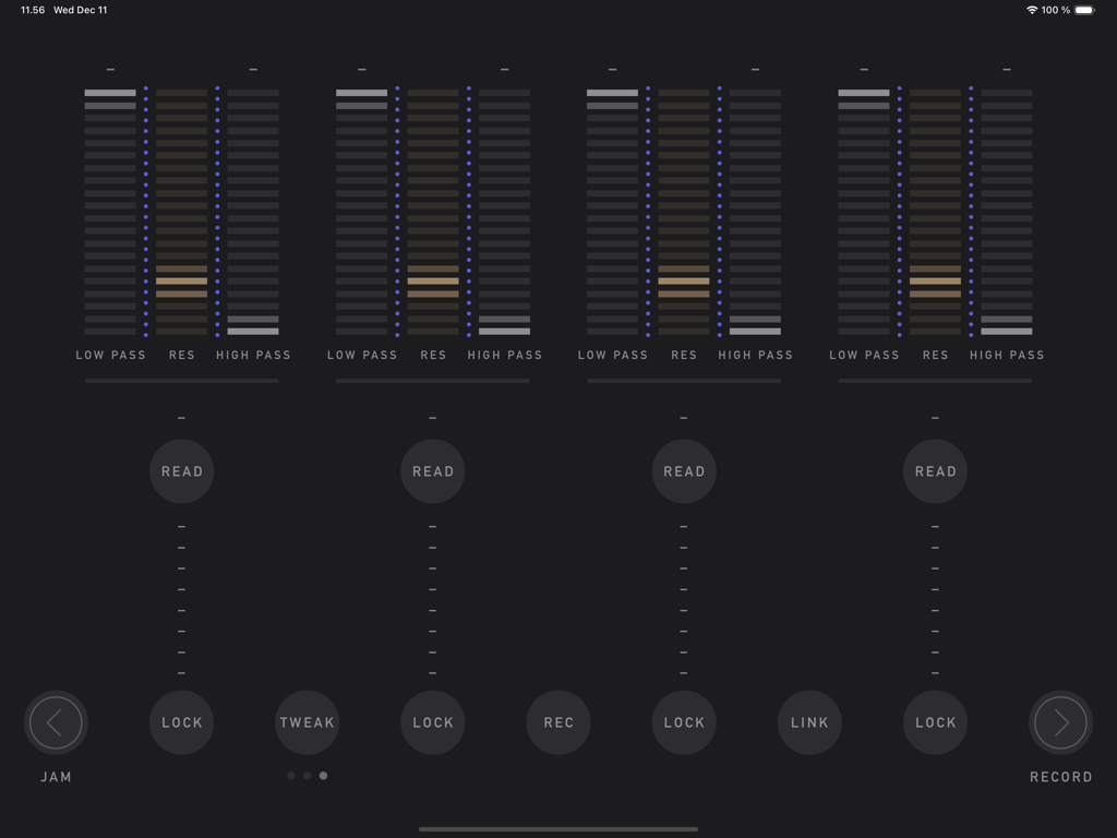 sqsl RSVP - Oberfläche der sqsl RSVP App mit Filterreglern und justierbaren Parametern für vier Audio-Slots