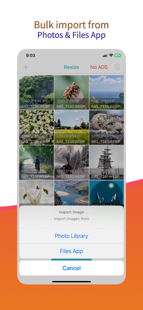 reduce image size - resizer - Stapelimport-Oberfläche in der Bildgrößenänderungs-App, die Optionen zur Auswahl von Fotos aus der Bibliothek oder der Dateien-App zeigt.