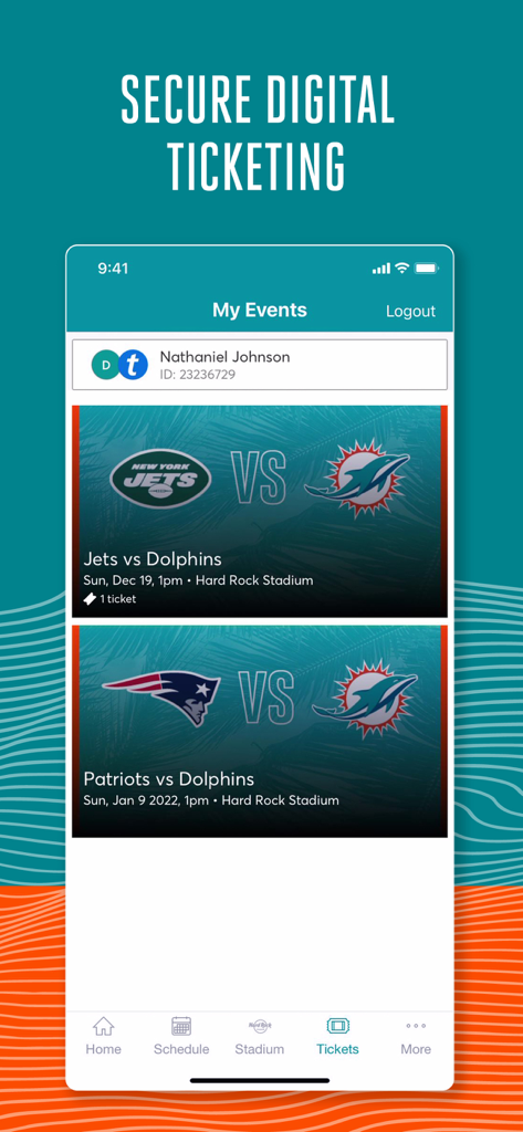 Miami Dolphins - Miami Dolphins mobile app interface showing digital tickets for upcoming NFL games at Hard Rock Stadium.