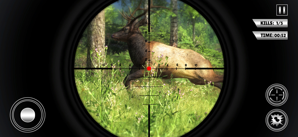 Wild Hunt - Sniper Furry - Un ciervo visto a través de la mira de un francotirador en un simulador de caza en el bosque.