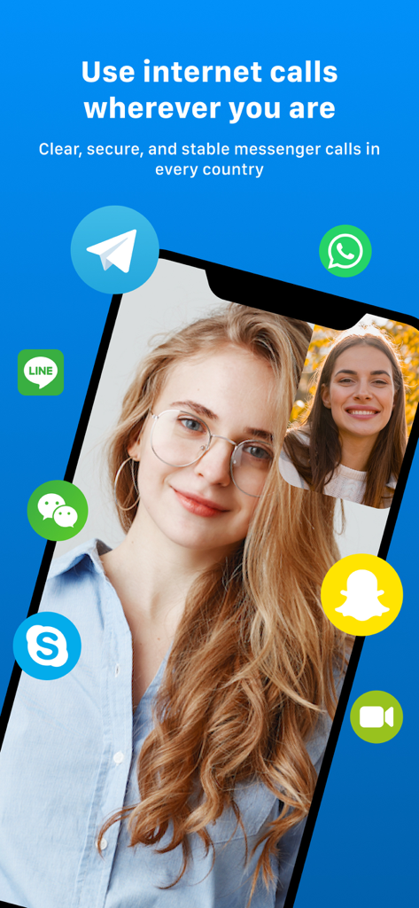 VPN MAX: Super Secure Proxy - Chamada de vídeo segura em um smartphone com ícones de vários aplicativos de mensagens.