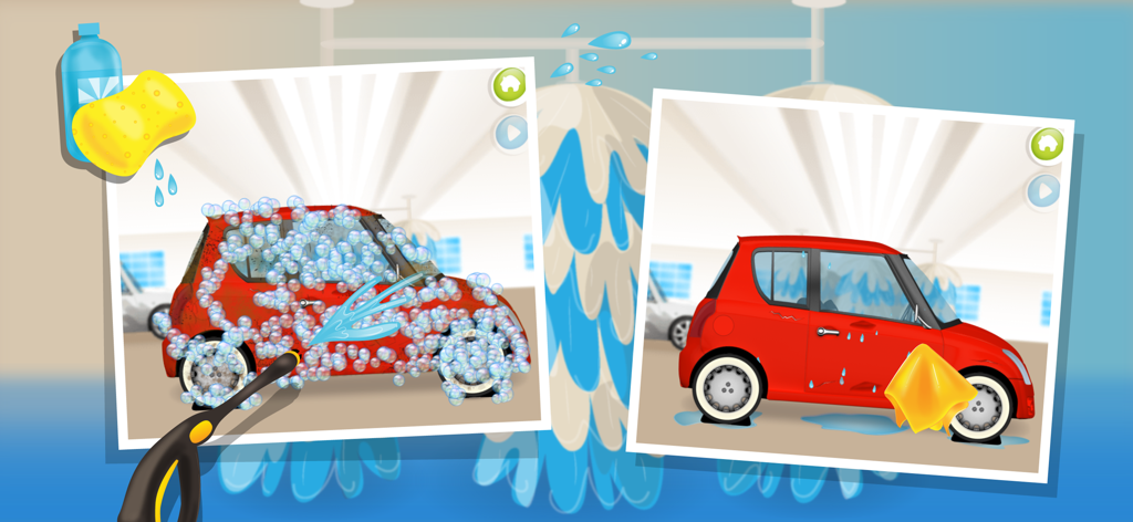 Interactive car wash gameplay in Mechanic Max showing a red car being soaped and dried