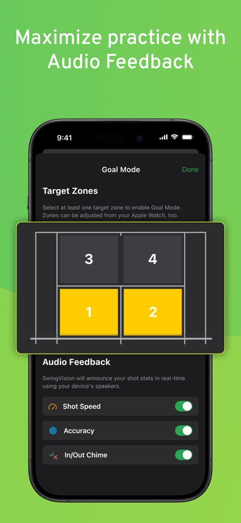 SwingVision: Tennis Pickleball - Smartphone screen of SwingVision app showing goal mode with target zones and real-time audio feedback settings