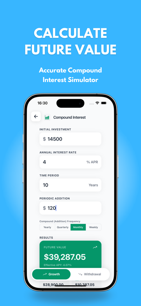 Compound Interest Calculator # - Mobile app screen for calculating future value using a compound interest simulator with custom investment parameters.
