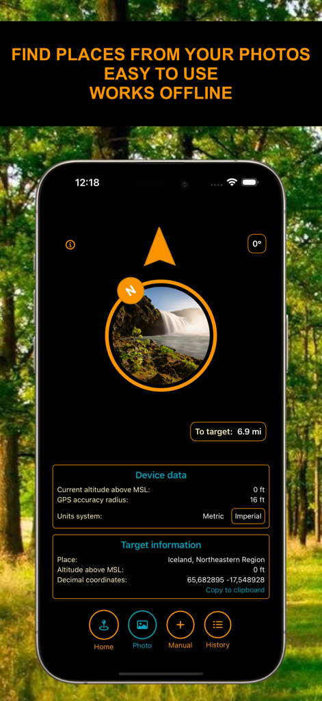 Where2Go: GPS Photo Compass - Interfaccia dell'app bussola GPS che mostra la direzione e la distanza da una posizione estratta da una foto