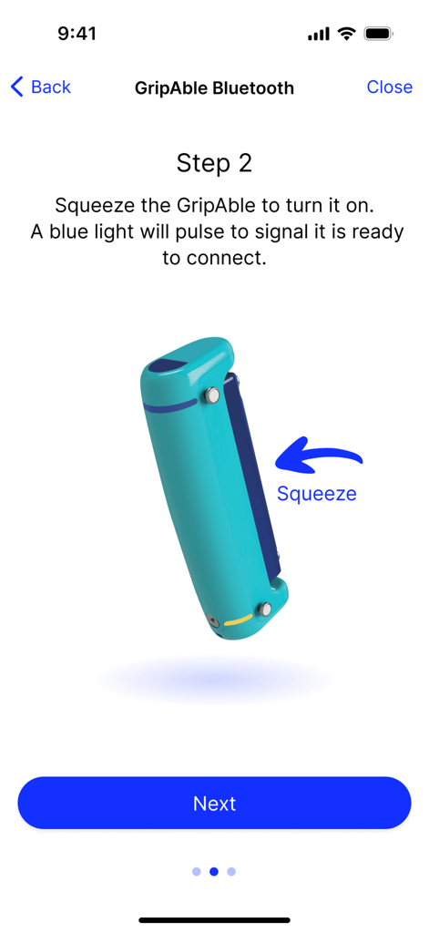 Able Assess - Instruction screen showing how to connect the GripAble sensor via Bluetooth by squeezing it.