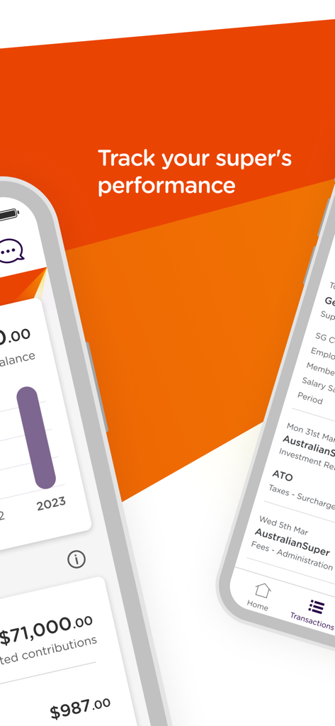 AustralianSuper - AustralianSuper app interface showing retirement fund performance tracking and transaction history.
