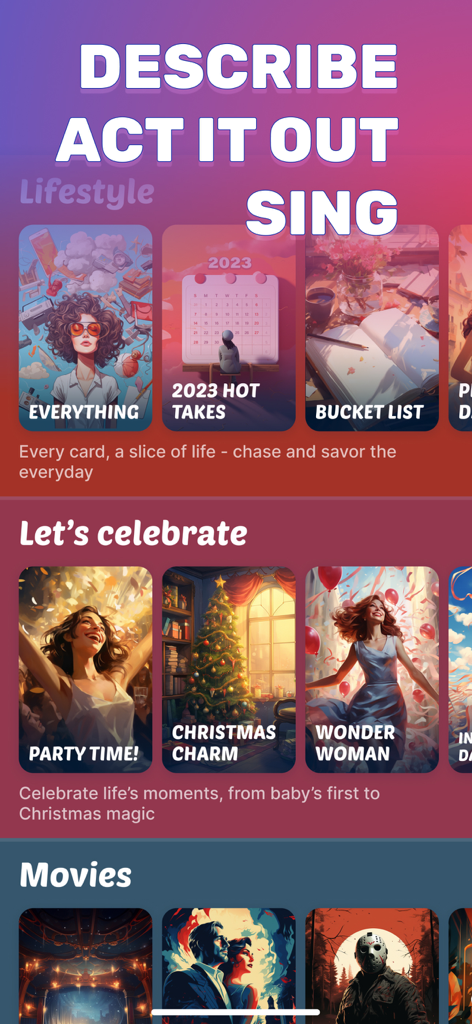 Headbands: Charades for Adults - Eine Anzeige von thematischen Charades-Kategorien in der Headbands-App, einschließlich Lifestyle-, Feier- und Film-Bereichen.