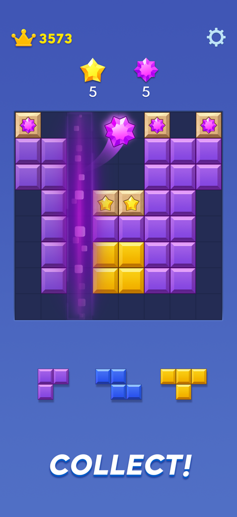 Capture d'écran du gameplay de Block Blast montrant une grille avec des blocs colorés et des gemmes collectées
