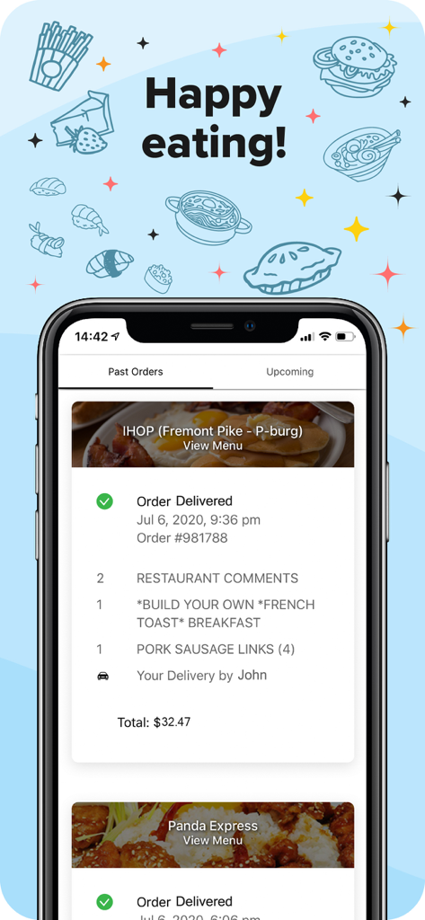 It's Cool Delivery - Smartphone screen showing the past orders history in the Its Cool Delivery app with delivered meals from IHOP and Panda Express