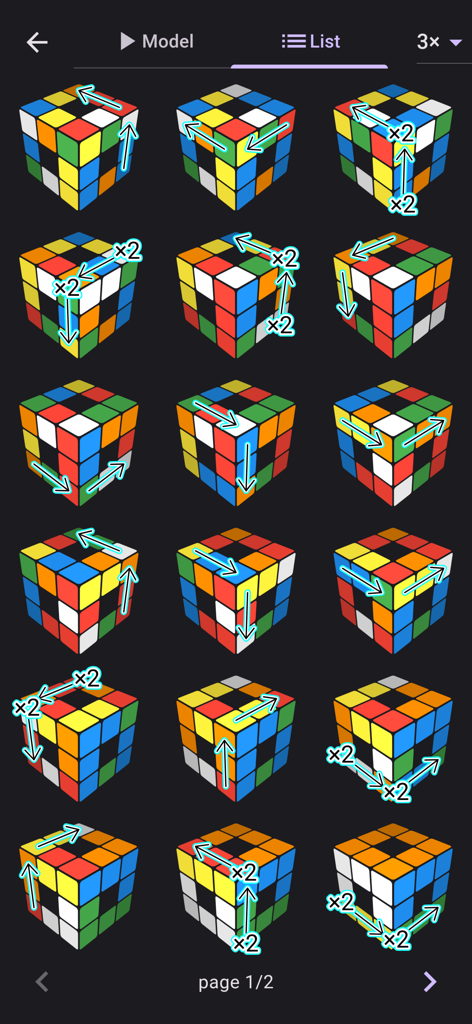 ASolver>I'll solve your puzzle - Una cuadrícula de modelos 3D de cubos de Rubik con flechas que indican giros específicos para resolver el rompecabezas.