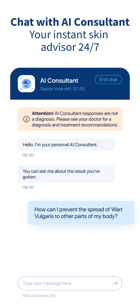 AI Dermatologist: Skin Scanner - Interface do aplicativo AI Dermatologist mostrando um chat com um consultor de pele IA para perguntas sobre saúde da pele