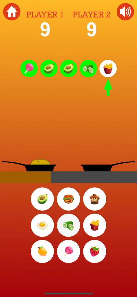 Pantalla del juego móvil que muestra un desafío de combinación de patrones con iconos de comida para dos jugadores