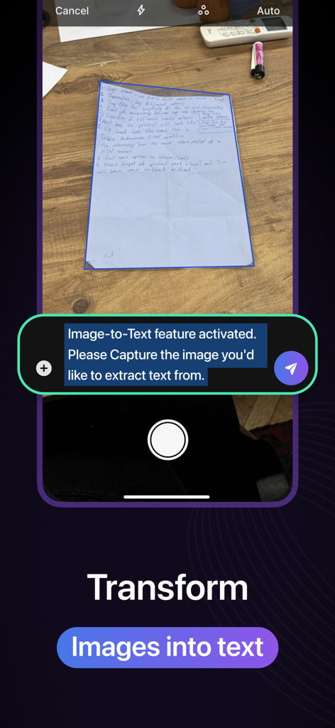 ChatAI: Ask AI Chat Assistant - ChatAIアプリのインターフェース。OCR変換のために手書きのメモをキャプチャする画像からテキストへの機能が表示されています。