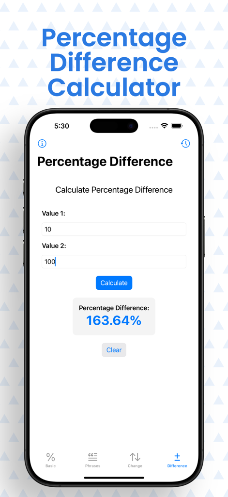 Screenshot of the Percentage Difference Calculator interface showing a calculation result on an iPhone.