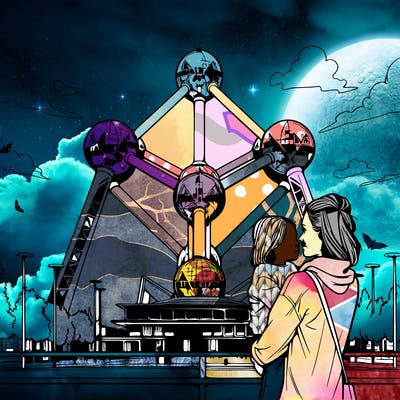 a women with her child in front of the atomium in belgium realistic