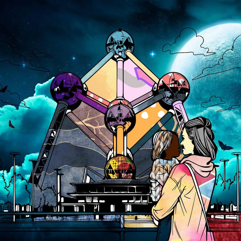 a women with her child in front of the atomium in belgium realistic
