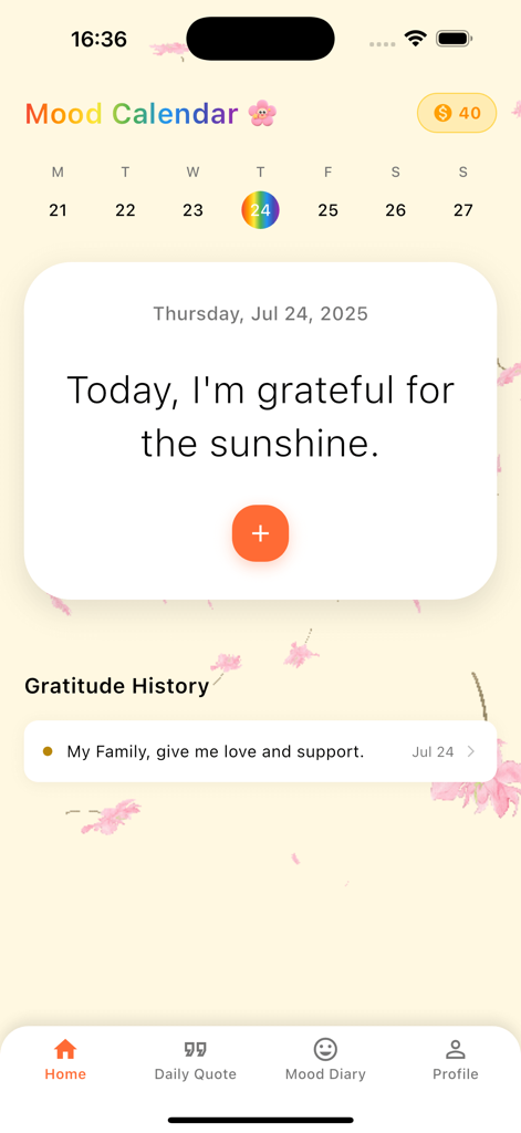 Zetto app home screen showing a mood calendar and daily gratitude entry