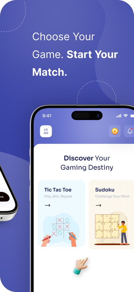 Sudoku & Tic Tac: Puzzle Games - App interface showing game selection for Sudoku and Tic Tac Toe with a modern blue theme