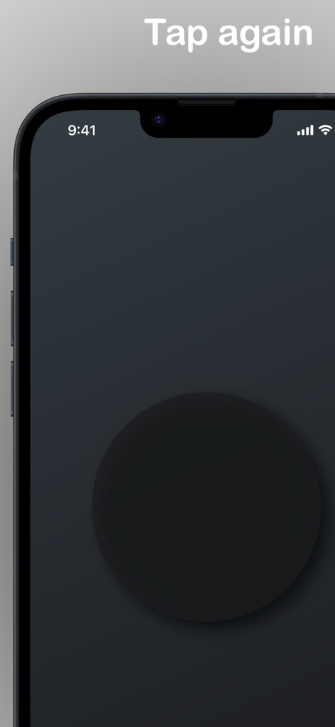 Minimalist dark interface of One Fast Finger game showing a large circular button and the text Tap again on an iPhone