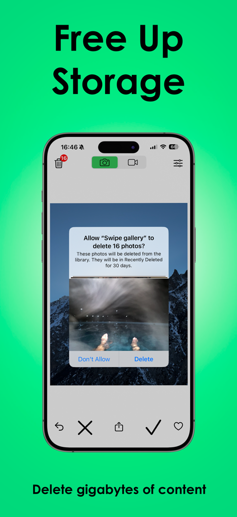 Photo Cleaner - Swipe Gallery - Pantalla de iPhone que muestra una solicitud para eliminar fotos en la aplicación Photo Cleaner para liberar espacio de almacenamiento.