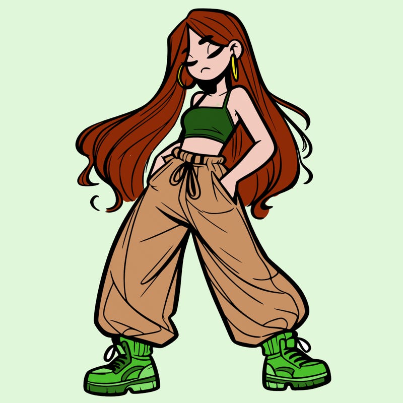 girl in baggy pants crop top and long hair