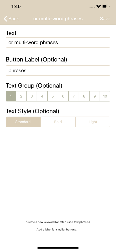 Interface for customizing phrases and button labels in the Timestamped Field Notes app.
