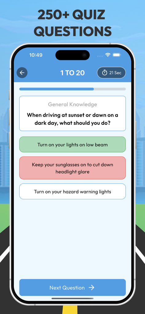 A driving theory quiz interface in The Highway Code Zambia app featuring a multiple choice question about road safety.