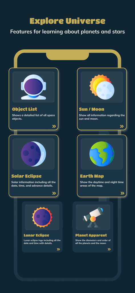 Skyview : Explore Universe - Features menu of the Skyview Explore Universe app showing solar eclipse lunar eclipse and planet information cards