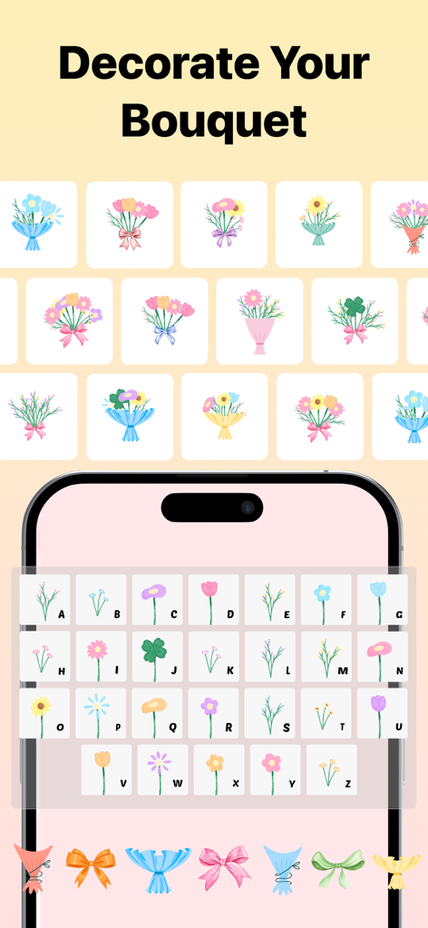 Flower Language - Rozy - Interface of the Flower Language app showing a specialized flower keyboard for decorating personalized bouquets
