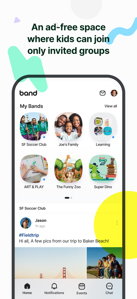 BAND for Kids App zeigt private Gruppen wie Fußballverein und Familie in einer sicheren, werbefreien Oberfläche