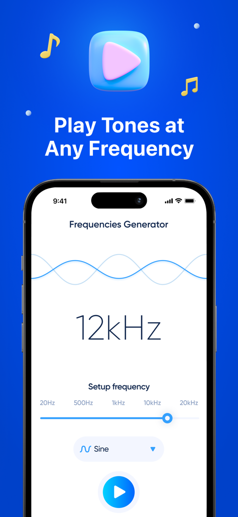 Clean Tune app interface showing the Frequency Generator set to 12kHz with a blue frequency slider and sine wave visualization.