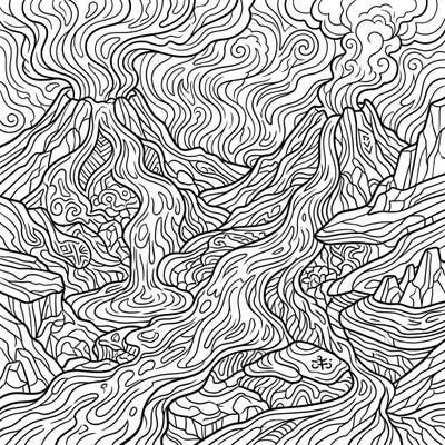 Immerse yourself in the raw power of nature with this captivating lava flows coloring page. Detail the journey of molten rock as it carves its path through a dramatic, fiery landscape.