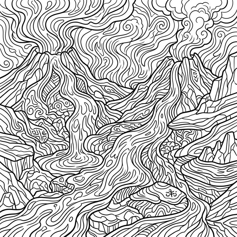 Immerse yourself in the raw power of nature with this captivating lava flows coloring page. Detail the journey of molten rock as it carves its path through a dramatic, fiery landscape.