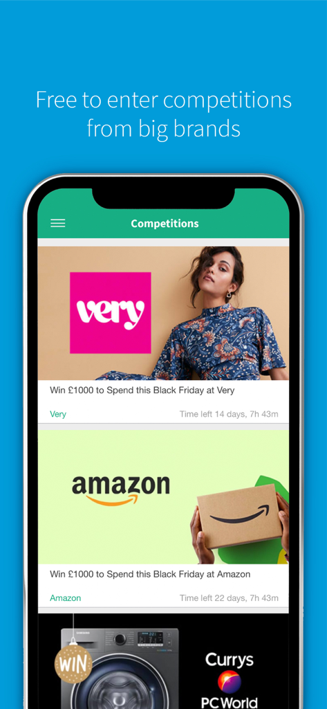 vouchercloud: vouchers offers - App móvil de Vouchercloud mostrando concursos gratuitos de grandes marcas como Amazon y Very