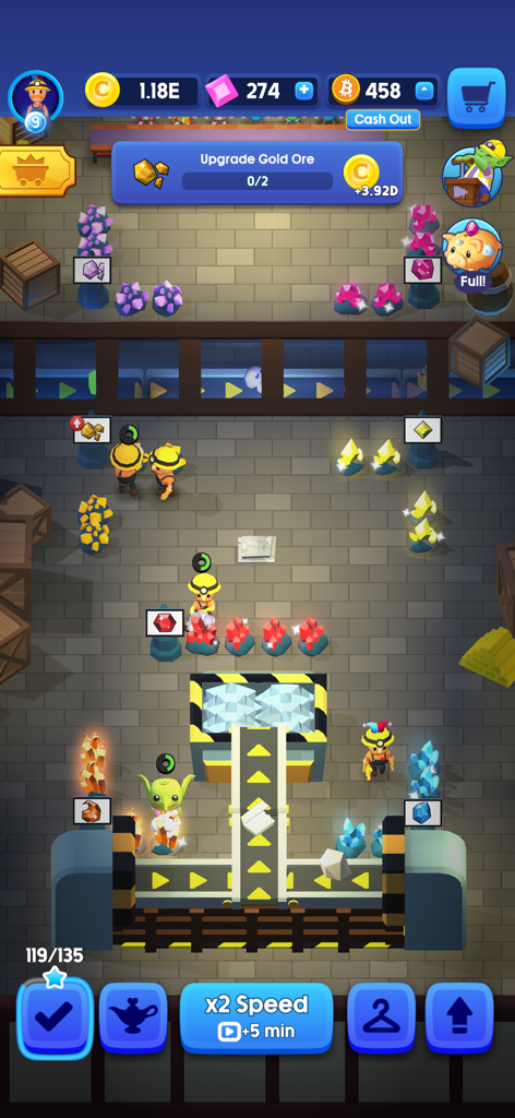 Idle Mine! - Screenshot of Idle Mine gameplay showing miners gathering gems and the Bitcoin rewards interface