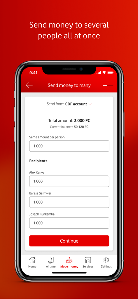 M-Pesa DRC - M-Pesa DRC app screen showing the option to send money to several recipients at once