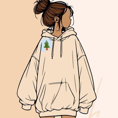 realistic girl with a oversized sweatshirt on and a bun