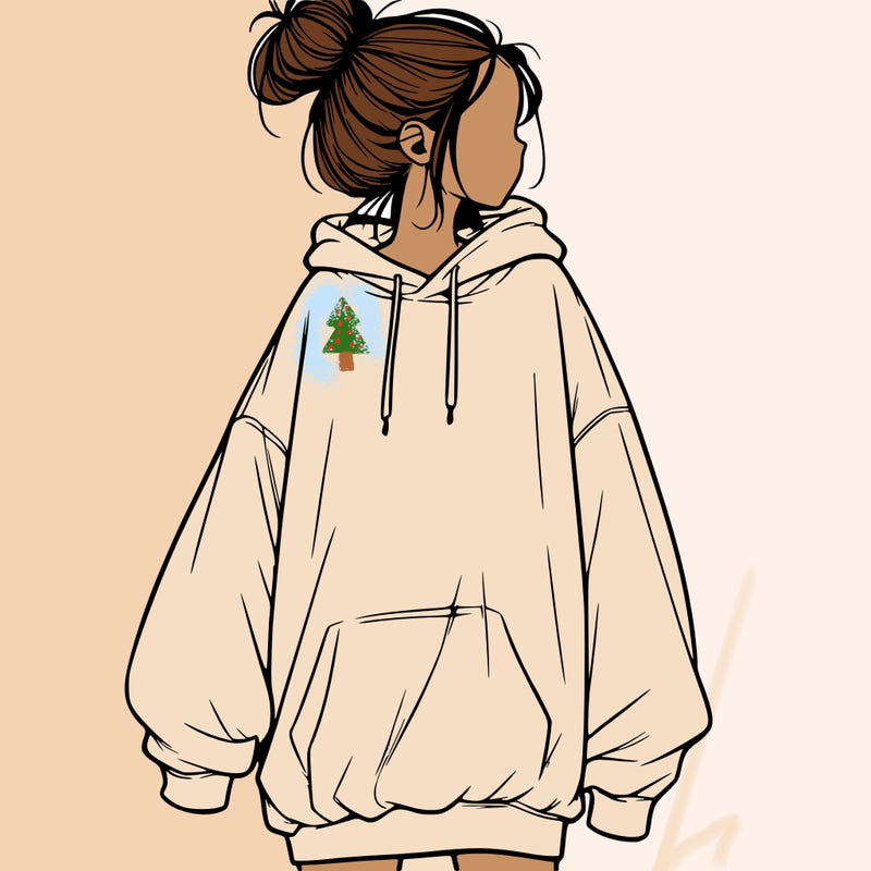realistic girl with a oversized sweatshirt on and a bun