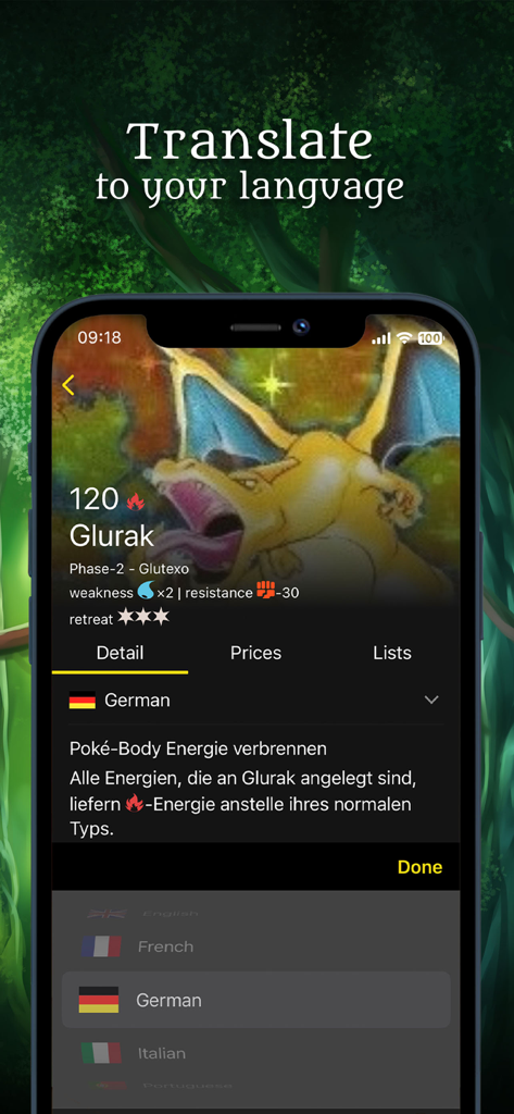 Poké TCG Scanner Dragon Shield - Poké TCG Scanner app displaying a card translated into German