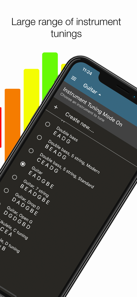 Pitched Tuner - Tuning App - Uno schermo di telefono cellulare che mostra un menu di opzioni di accordatura per strumenti, inclusi chitarra e basso.