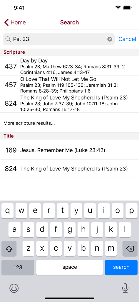 Lift Up Your Hearts Hymnal - Search results for Psalm 23 in the Lift Up Your Hearts Hymnal app showing hymns and scriptures