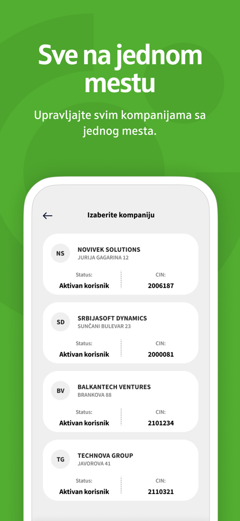 OTP biznis m-bank - OTP biznis m-bank app screen displaying a list of multiple companies for business management