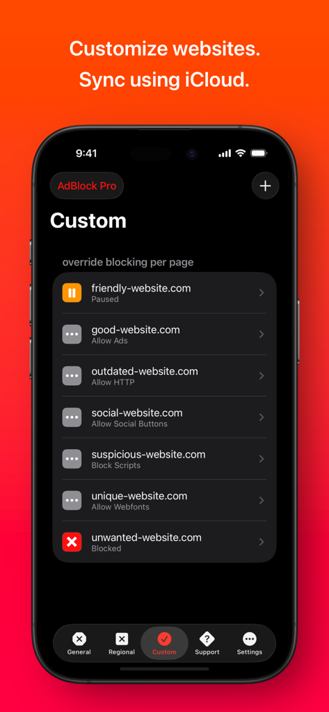 AdBlock Pro for Safari - AdBlock Pro for Safari custom website rules and iCloud sync settings on iPhone