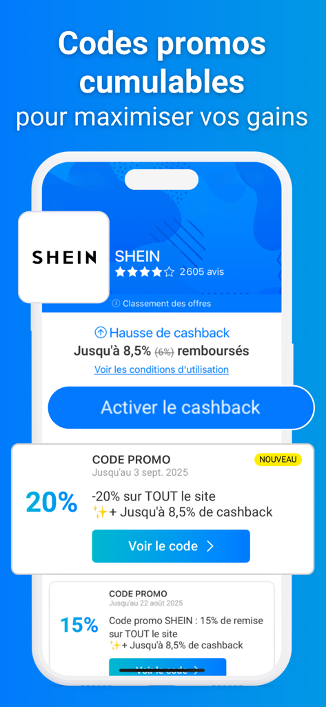 Poulpeo Cashback & Code promo - Ecrã da aplicação Poulpeo mostrando combinações de cashback e códigos de desconto da Shein