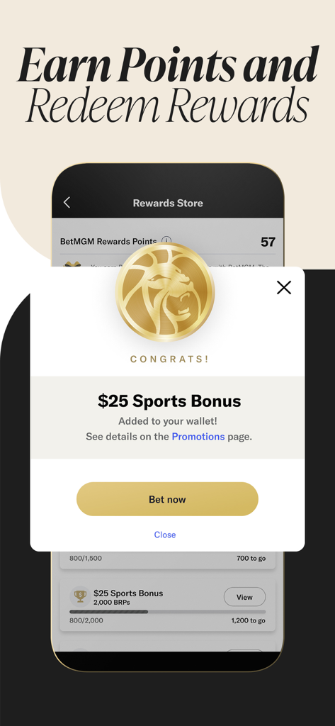 A mobile screen showing a twenty-five dollar sports bonus reward in the BetMGM app rewards store.