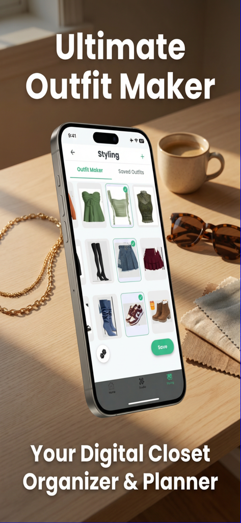 Smartphone displaying the Kombinlio app outfit maker interface on a desk with fashion accessories