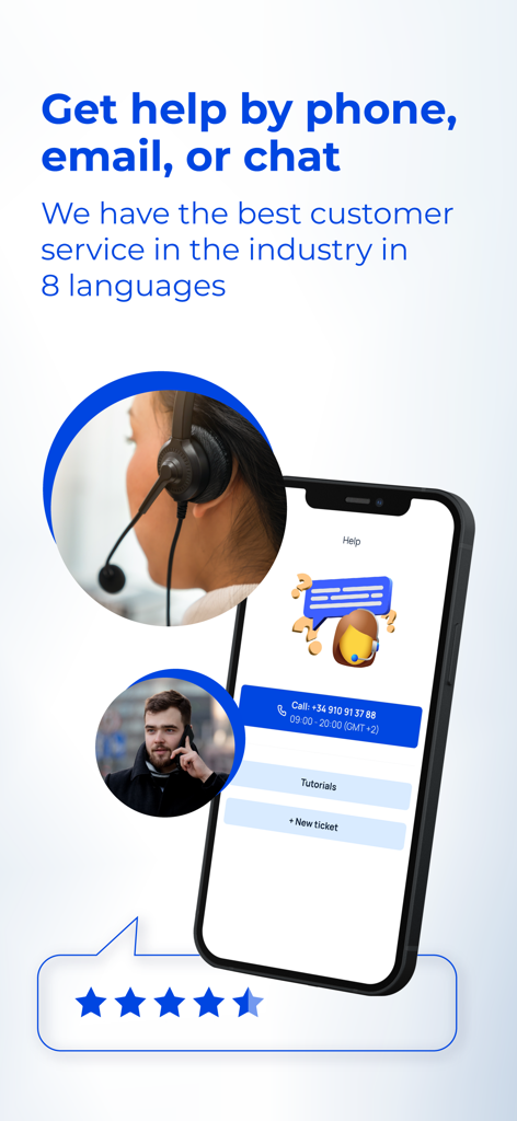 Opzioni di supporto clienti dell'app Bit2Me tra cui telefono, email e chat in 8 lingue