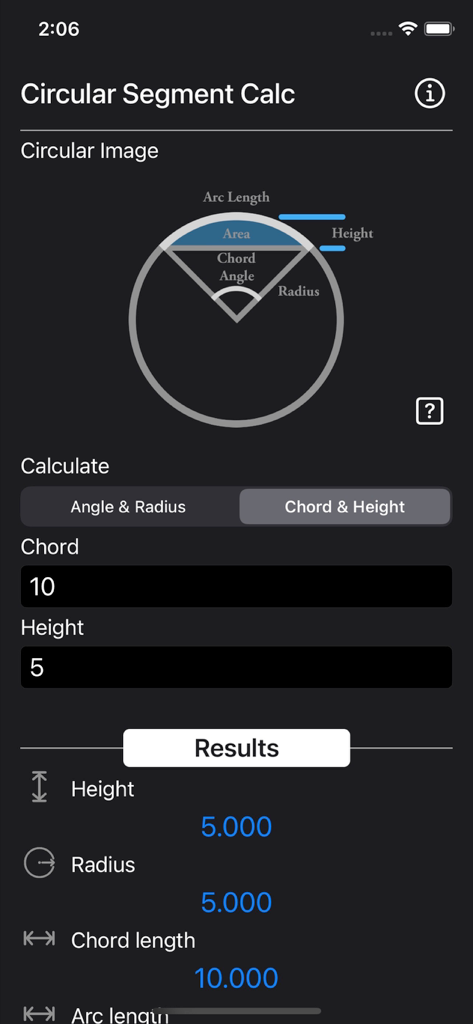 Circular Segment Calculator - Interface of the Circular Segment Calculator app showing results for chord and height inputs