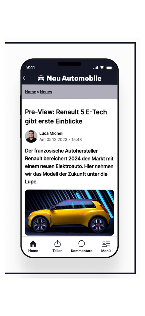 Nau Automobile - Una captura de pantalla de la aplicación Nau Automobile que presenta un artículo de vista previa sobre el coche eléctrico Renault 5 E-Tech.